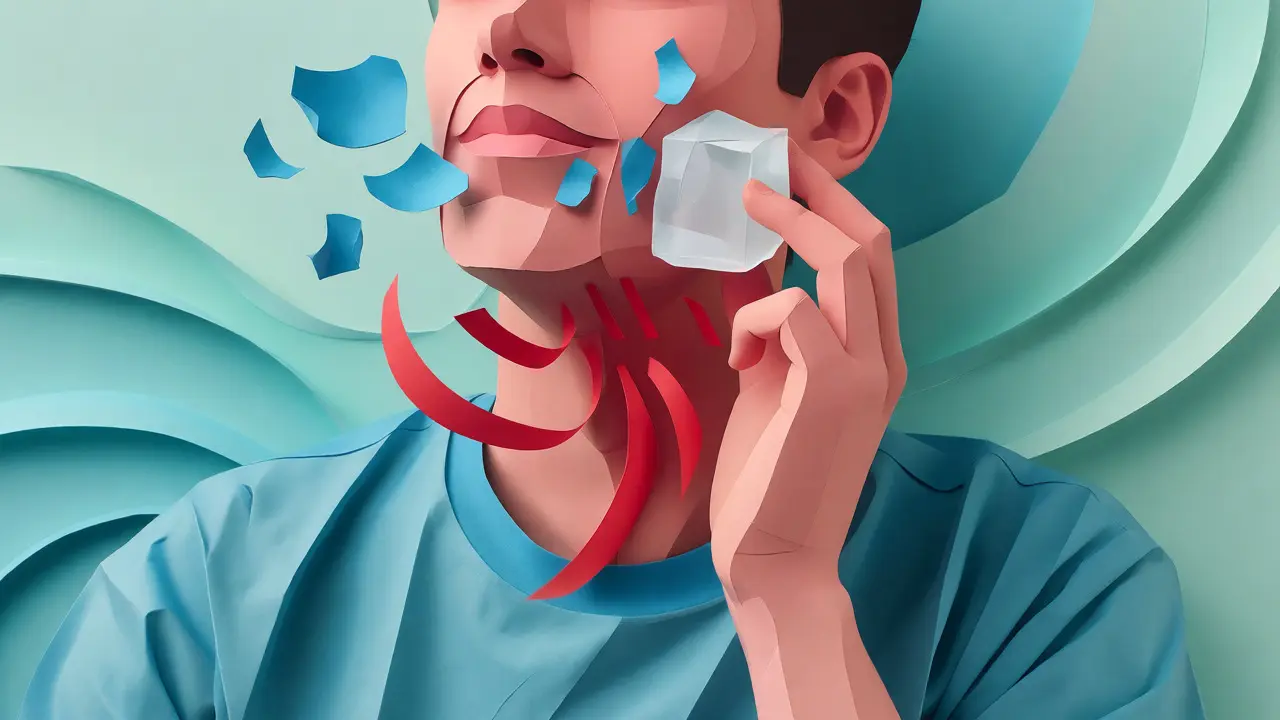 Postava používající techniku TIPP s ledovou kostkou na obličeji.