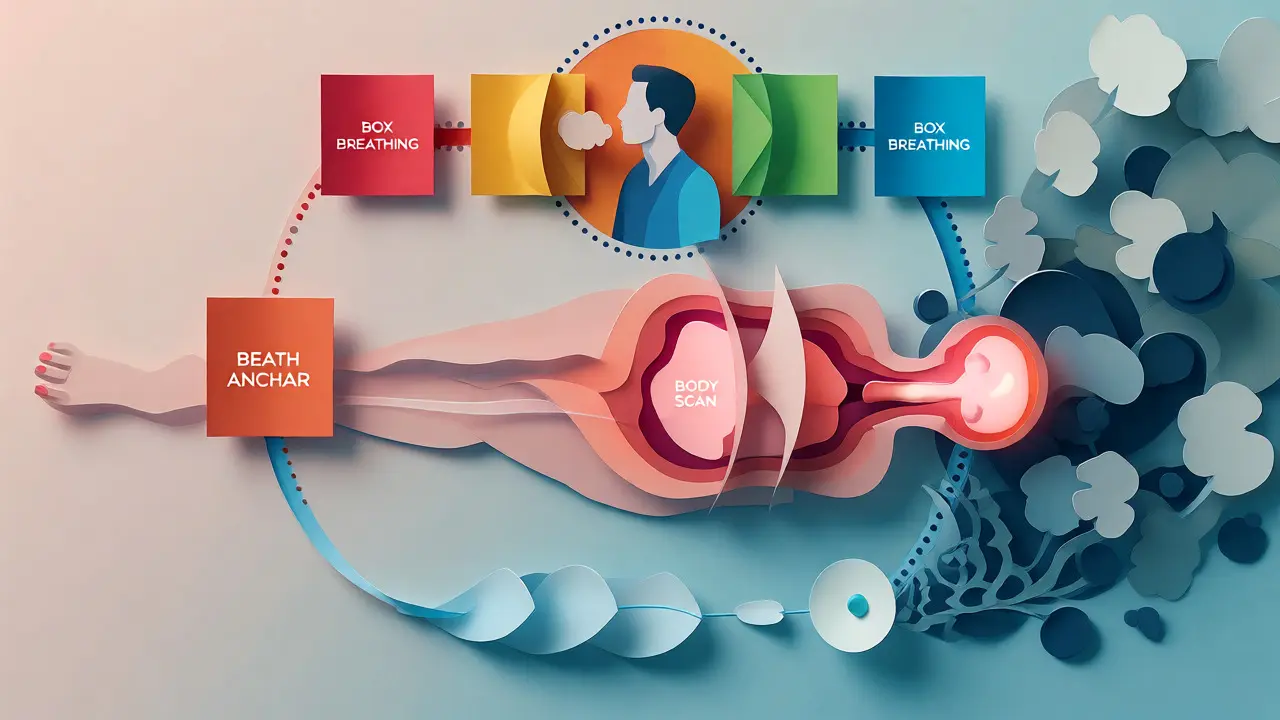 Vizualizace tří technik mindfulness: dýchání, skenování těla a dechová kotva